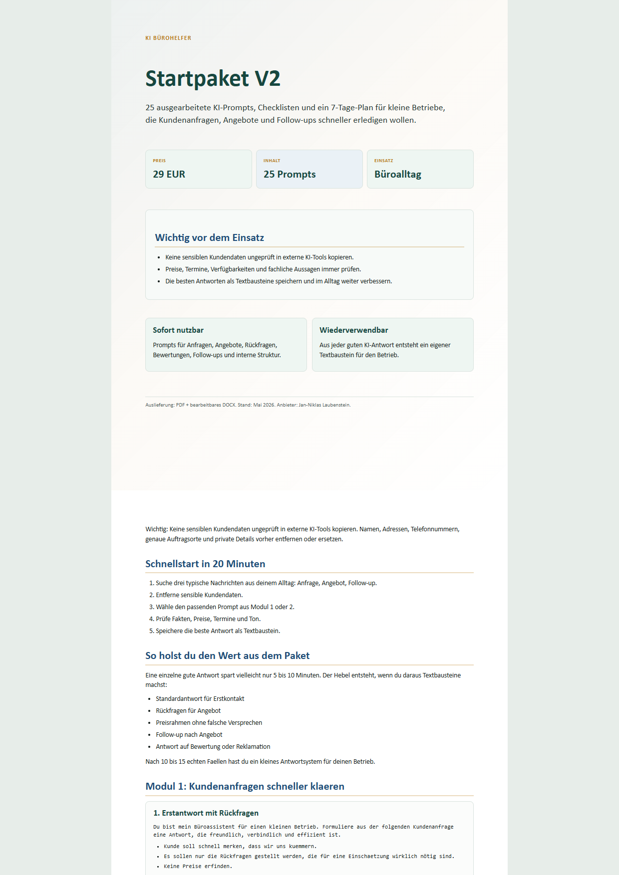 Vorschau des KI B&uuml;rohelfer Startpakets als PDF